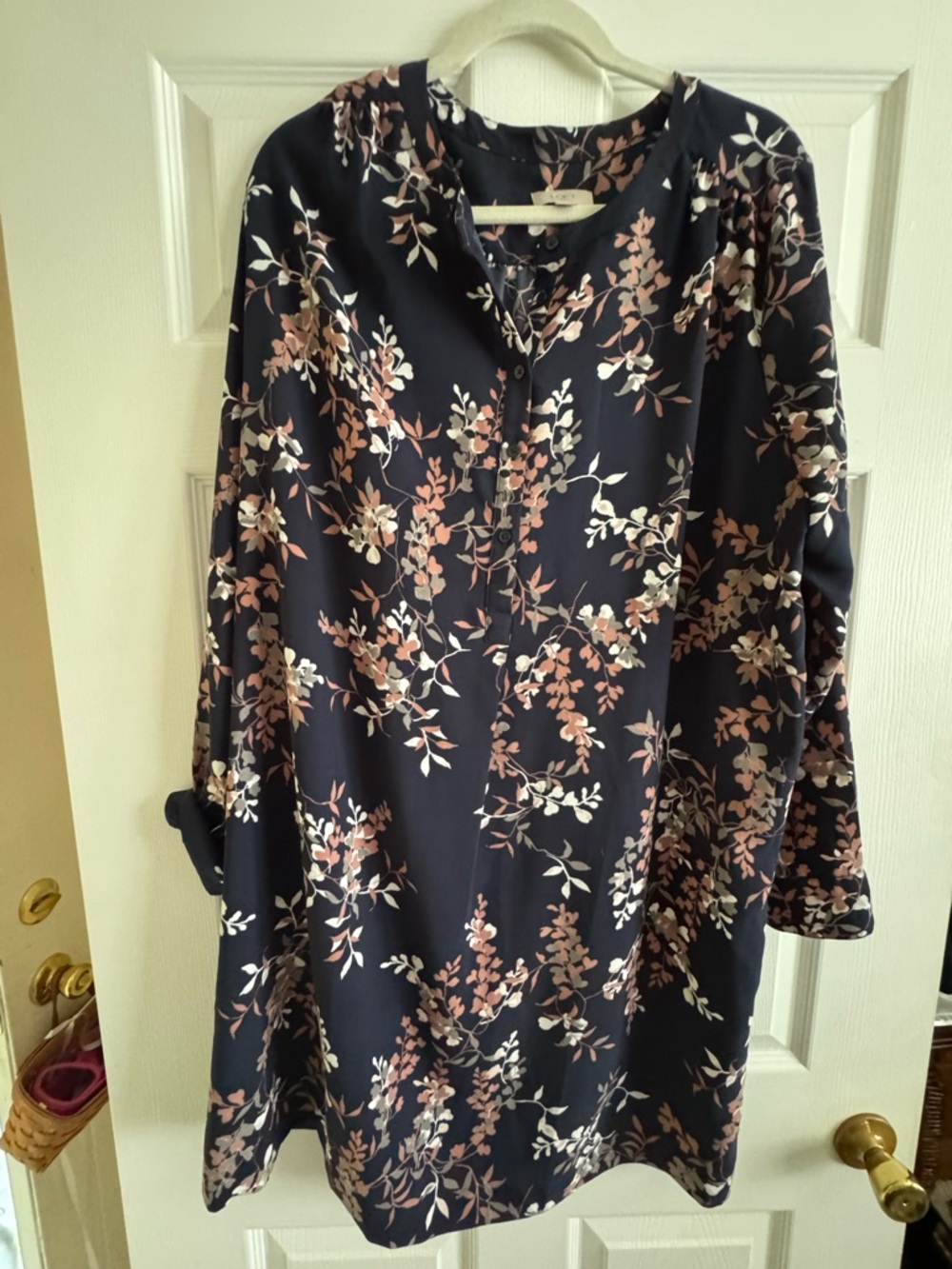 LOFT Navy Floral Midi Dress with Blush and Cream Leaves